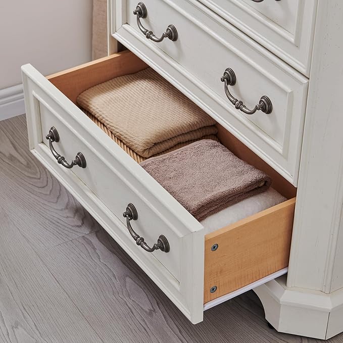 T4TREAM Farmhouse 5 Drawers Dresser for Bedroom, 48" Tall Wood Rustic Chest of Drawers with Natural Texture, Vintage Design, Storage Dressers Organizer for Bedroom, Living Room, Hallway, Antique White