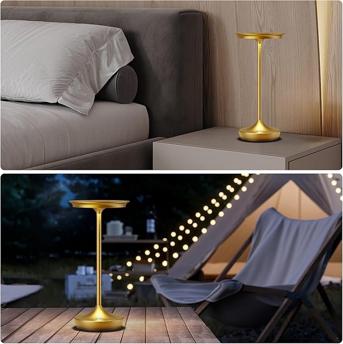 YHT Cordless Rechargeable Table Lamps, Portable 6000mAh Battery Desk Lamp Waterproof 3 Color Stepless Dimming LED Table Light with Memory Function for Outdoor/Dinning/Patio/Restaurant (Gold 1Pack)