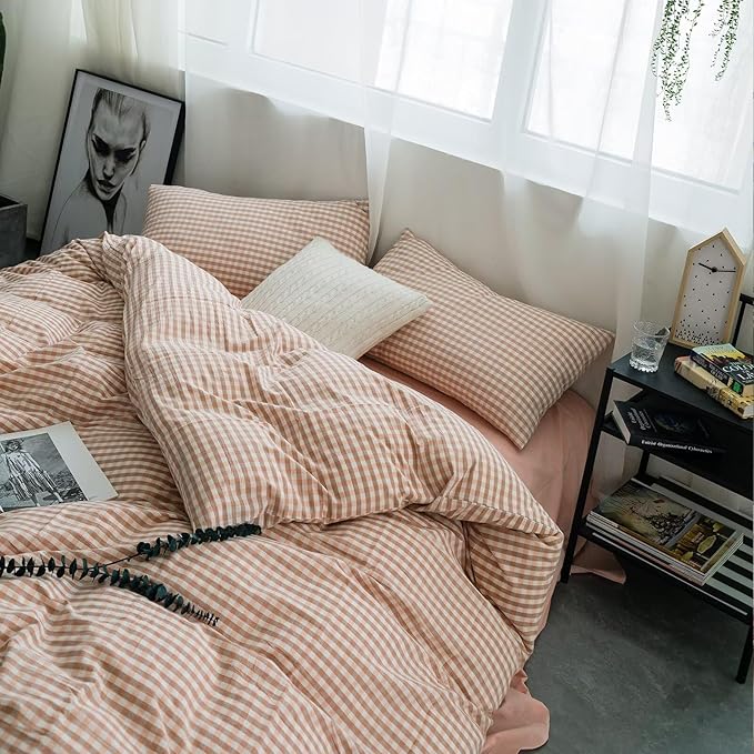 mixinni Pink Gingham Comforter Set Twin XL, Plaid Comforter Set 3 Pieces 1 Pink Grid Comfoter with 2 Pillow Cases for All Seasons, Soft Fluffy Modern Grid Pattern Printed Bedding-Twin XL Size