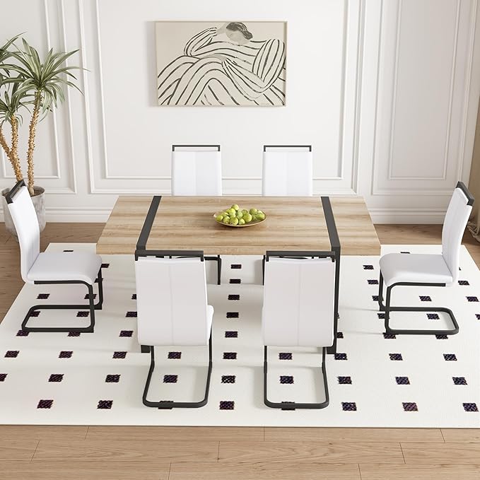 Dining Table Chairs Set for 6, Modern Rectangular Dining Room Table Set PU Leather Upholstered Dining Chairs 71" Dinner Table Set for Kitchen (White, 71 Inch Brown Table+6 Chairs)