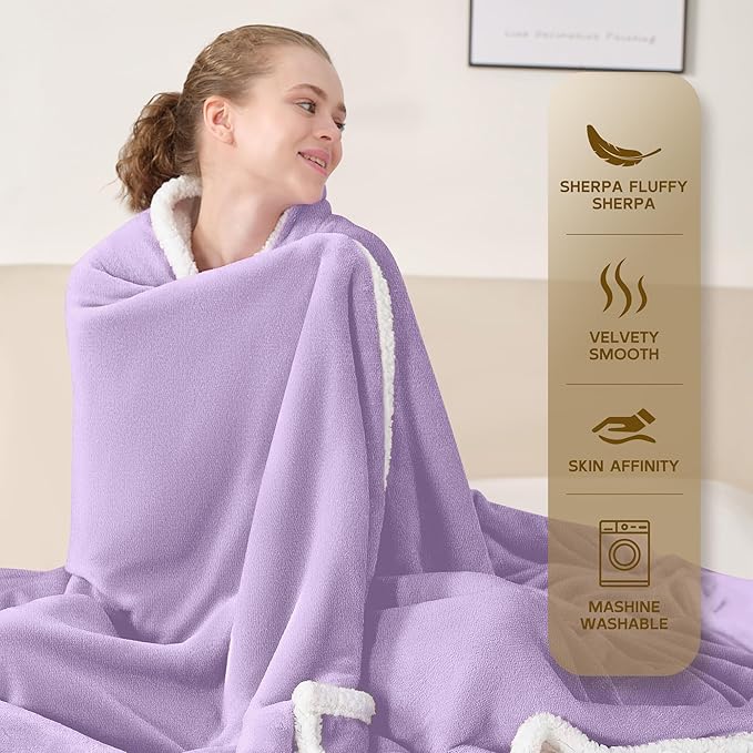 BEAUTEX Sherpa Fleece Throw Blankets, Soft Fluffy Flannel Plush Blanket and Throw, Fuzzy Cozy Cuddle Blankets for Couch Bed Sofa Adults (50" x 60", Lavender)