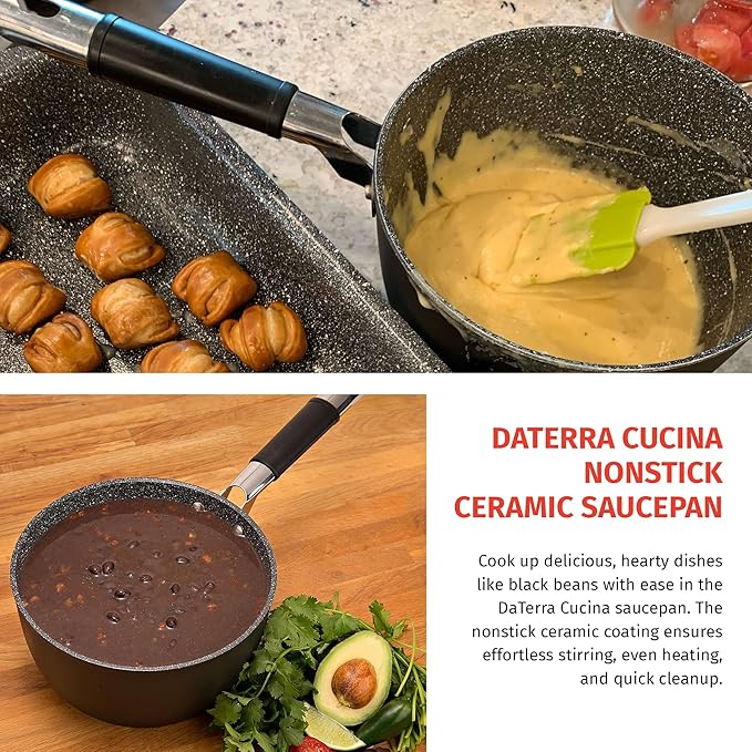 DaTerra Cucina - 2.6 Qt Nonstick Ceramic Saucepan with Lid – Induction Compatible Cooking Pot, Nonstick Ceramic Sauce Pan for Soup, Pasta, Milk, and More, Medium Size for Kitchen, Oven Safe