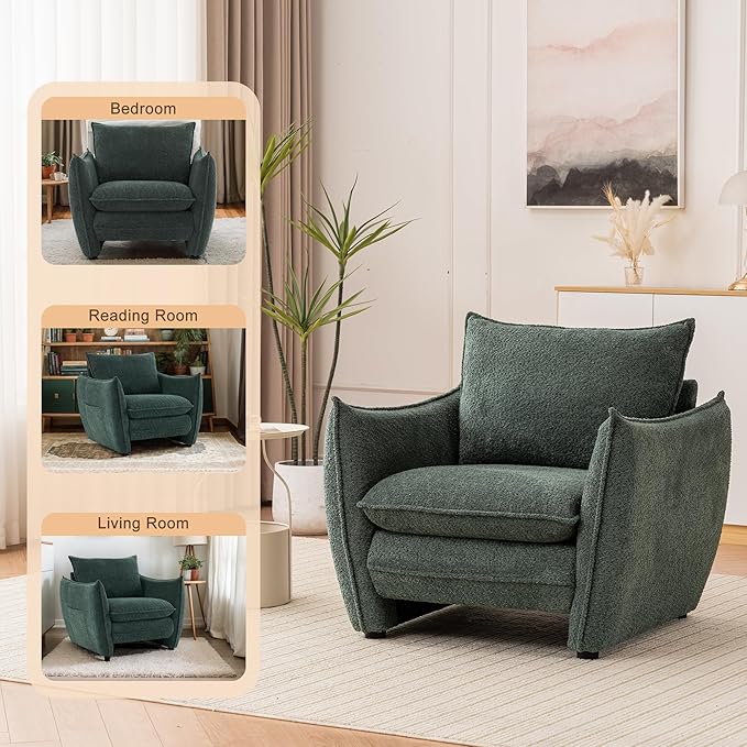 Oversized Accent Chair, Modern Single Sofa Cloud Chairs with Removable Pillow, Deep Seat Comfy Armchair for Living Room Bedroom Reading Nook - Upholstered Lounge Chair (Green)