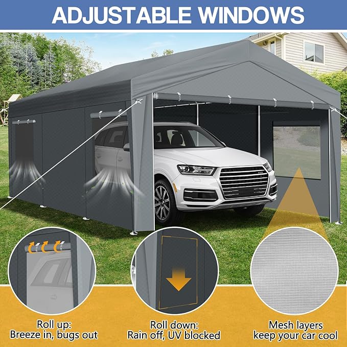 VINGLI 12x20 Carport Canopy Portable Garage with Roll-up Windows & Removable Sidewalls, Car Canopy Heavy Duty Car Tent Garage for SUV, Boats, RVs, Trucks (with Sidewalls)