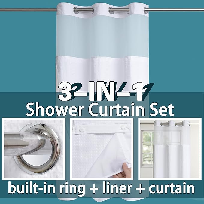 Conbo Mio Stall No Hook Waffle Weave Shower Curtain with Snap in Liner Set, Hotel Luxury White Shower Curtains for Bathroom with See Through Top Window, Waterproof, Washable 36W x 74H