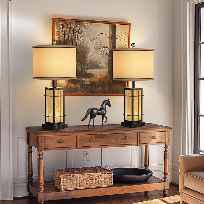 Black Table Lamps Set of 2, 24" Farmhouse Lamps for Living Room with USB C+A Ports, Industrial Retro Lamps for Bedroom, Nightstand Light Fixture, 2 Bulbs Included
