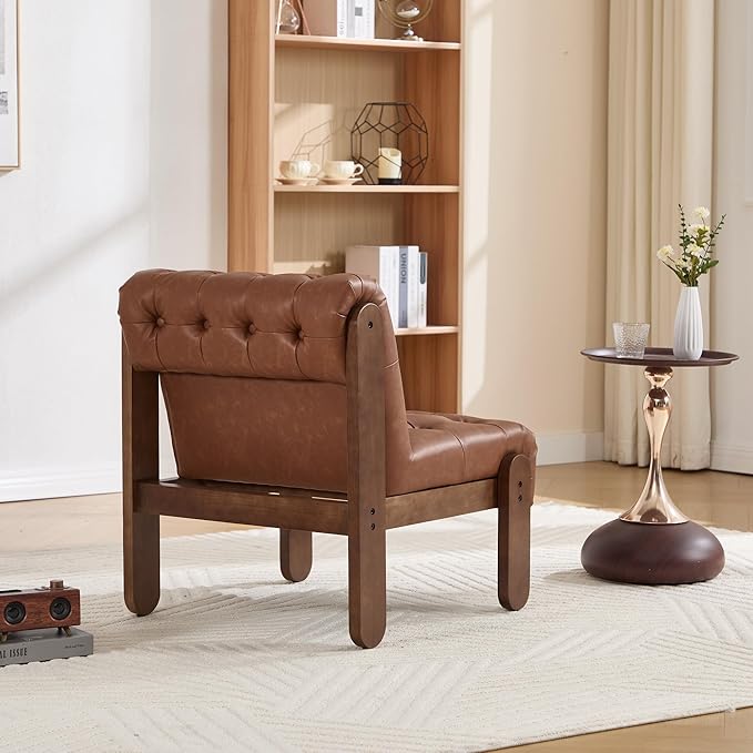 Modern Armless Accent Chair for Living Room, Brown PU Leather Button Tufted Upholstered Lounge Reading Chair with Walnut Wood Frame