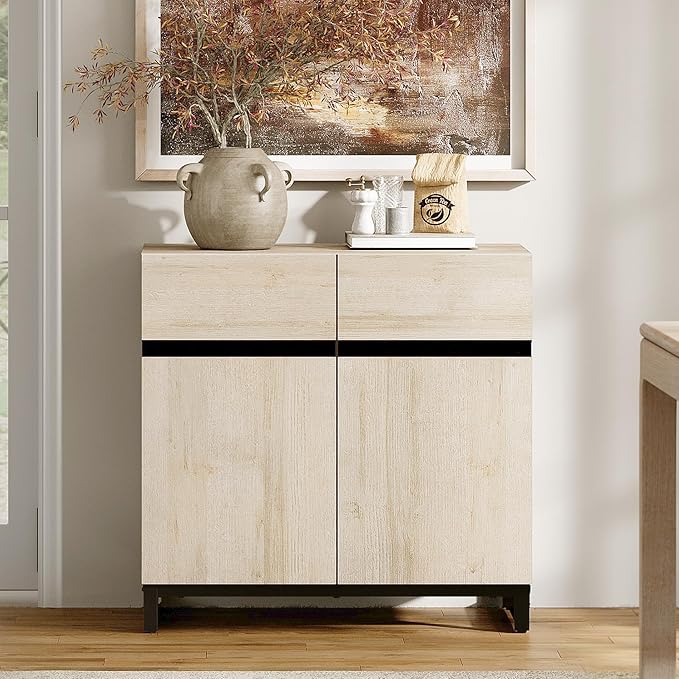 WAMPAT Modern TV Stand for TVs Up to 40 Inch, Entertainment Center with Adjustable Shelves and Metal Base, Media Console for Living Room and Bedroom, Light Oak