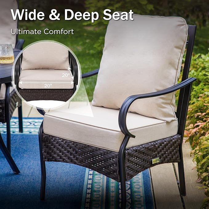 PHI VILLA Outdoor Dining Set of 4, Heavy Duty Outdoor Metal Wicker Dining Chair with Thick Cushions, Large All Weather Wrought Iron Deck Chair for Outisde, Porch Backyard, Support 300lbs