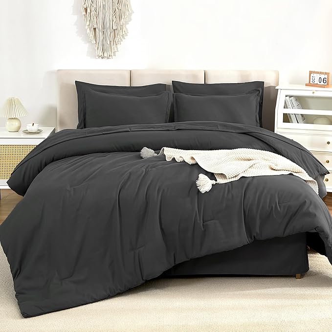 Litanika Oversized King Comforter Sets Dark Grey - 7 Pieces Bed in a Bag Oversized King Bedding Comforter Sets, Solid Lightweight Bed Set with Comforter, Sheets, Pillowcases & Shams