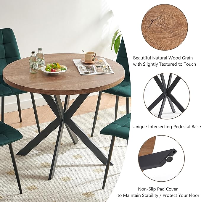 37" Round Table Set for 4 Person, Modern Kitchen Table Set, Imitation Wood Dining Table with Space Saving Dining Chairs, Dark Green Velvet Side Chairs