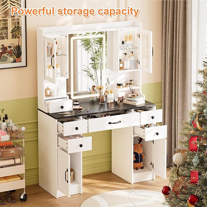 KAMABOKO Vanity Desk with Mirror & LED Lights & Power Outlet, Large Makeup Vanity Table with 6 Drawers and 4 Storage Cabinets, Dressing Table for Bedroom (White&Black)