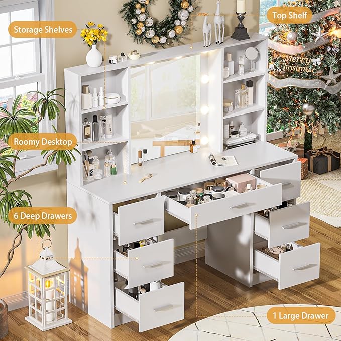 Makeup Vanity Desk with Mirror,10 Lights and Power Strip,Large Makeup Vanity with Shelves and 7 Drawers, Vanity Desk Dressing Table with 3 Color Adjustable Light,Vanity Table (White)