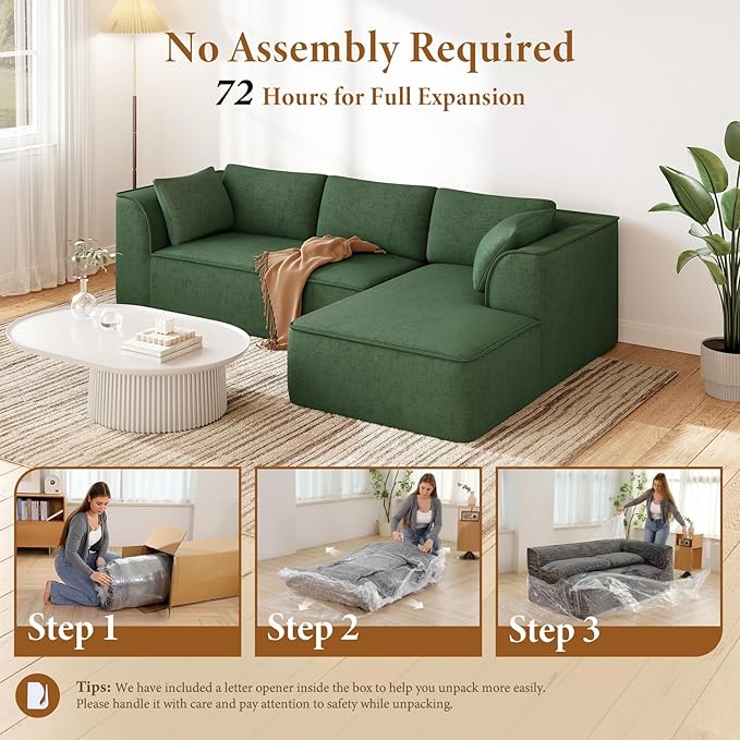 Vesgantti 106" Cloud Sectional Couch with Chaise, Deep Seat Modular Sectional Sofa Chenille Memory Foam Sofa Boneless Couches for Living Room Bedroom, No Assembly Required (Green, Right-Facing Chaise)