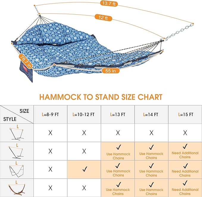 Lazy Daze Hammocks Deluxe 12 FT Thickened Fabric Hammock with Curved Aluminium Spreader, Outside Double Hammock with Large Soft Pillow, Side Pocket 450 Lbs Capacity for Patio, Blue Floral
