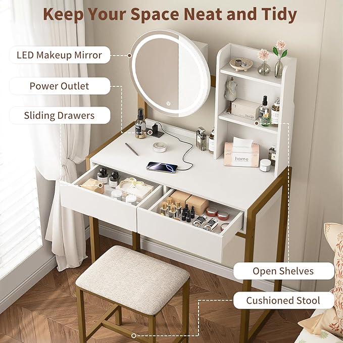 Small Vanity Desk with Mirror and Lights, Makeup Vanity Table with LED Mirror, 3 Lighting Modes, Power Outlet, Drawer, Open Shelves and Cushioned Stool for Bedroom (Gold)