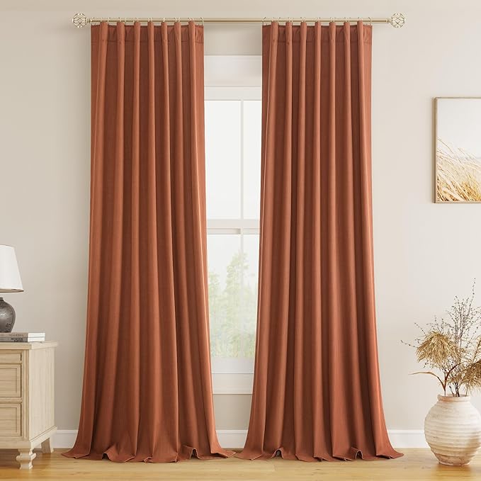 Guken Terracotta Linen Blackout Curtains 90 Inch Length 2 Panels Set for Living Room Bedroom Back Tab Thermal Insulated 100% Black Out Linen Drapes Room Darkening Window Curtains 90 Inches Long
