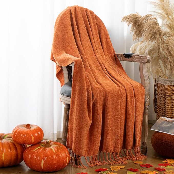 BATTILO HOME Burnt Orange Throw Blanket for Couch, Decorative Fringe Velvety Orange Throw Blanket for Bed, Fall Decor Blankets & Throws, 50"x60"