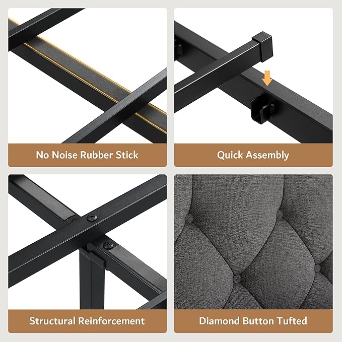 iPormis King Bed Frame with 2 Storage Drawers, Linen Upholstered Headboard Platform Bed with Charging Station, No Box Spring Needed, Metal Slats Support, Noise-Free, Easy Assembly, Grey