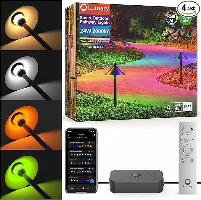 Lumary Smart Low Voltage Pathway Lights, 4 Pack Landscape Path Lights with RGBAI Color Changing, IP65 Waterproof Outdoor Lighting for Yard Driveway, App/Voice/Remote Control, Black