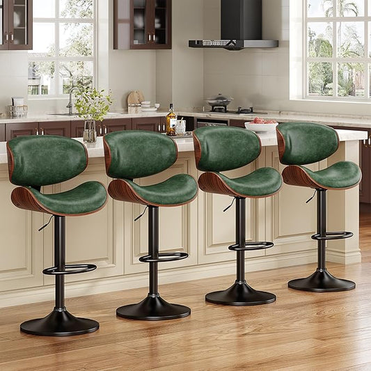 Bar Stools Set of 4, Bentwood Adjustable Height Swivel Bar Stools, PU Leather Upholstered Bar Chair with Back and Footrest for Bar, Kitchen, Green