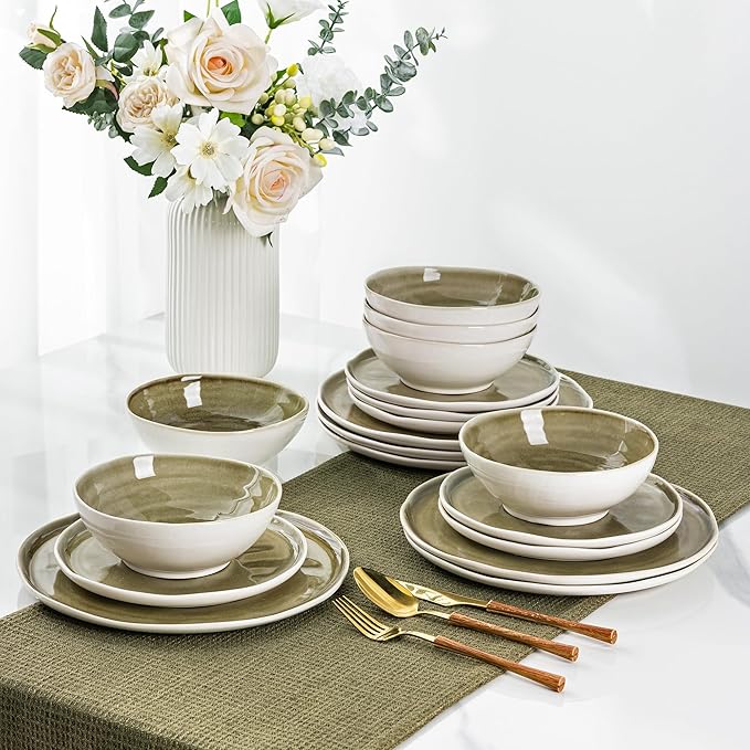 LERATIO Ceramic Dinnerware Sets for 6,Porcelain Plates and Bowls Sets with Wavy Edge,Microwave & Dishwasher & Oven Safe,Light Weight & Scratch Resistant Dishes Sets-Olive Green