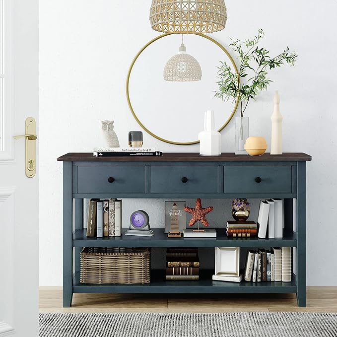 Knocbel Entryway Console Table with 3 Drawers and Open Shelves, Entry Hallway Foyer Sofa Long Table, 220lbs Weight Capacity, 50" L x 16" W x 30" H (Navy)