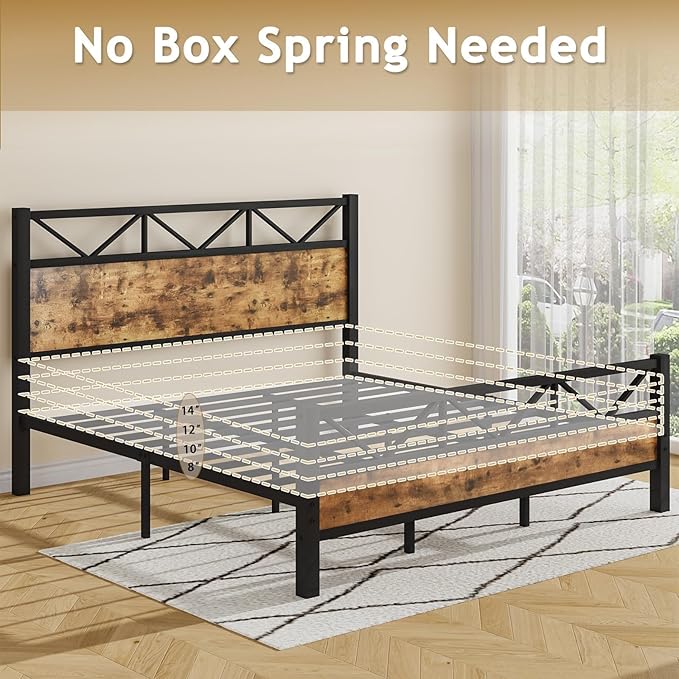 Twin Bed Frames, Twin Beds with 51.2" Tall Headboard, Industrial Bed Frame Twin with Heavy Duty Metal Slats Support, No Box Spring Needed, Noise-Free, Easy Assembly, Rustic Brown
