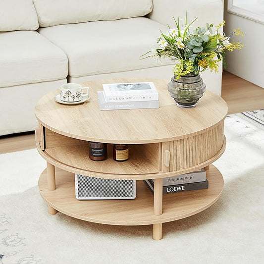 31.5” Round Coffee Table with Storage, Mid Century Modern 2 Tier Coffee Table with Tambour Sliding Door, Solid Wood Legs Fluted Center Table for Living Room Home Office Small Space, Natural