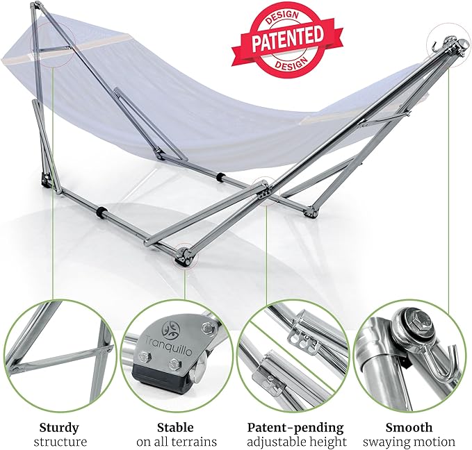 Tranquillo Double Hammock with Stand 650lb Capacity Double Hammock with Spreader Bar, Solid Grade 201 Stainless Steel 30s Set Up, Sturdy Flexible Hammock Stand Portable (Blue)