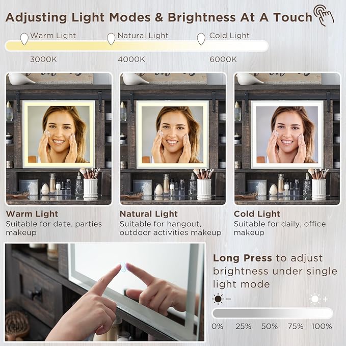 T4TREAM Farmhouse Makeup Vanity Desk with Sliding Mirror and Lights, 42'' Glass Tabletop Vanity Table with 2 Drawers & Shelves, Rustic Big Vanity Set for Bedroom, Dark Rustic Oak