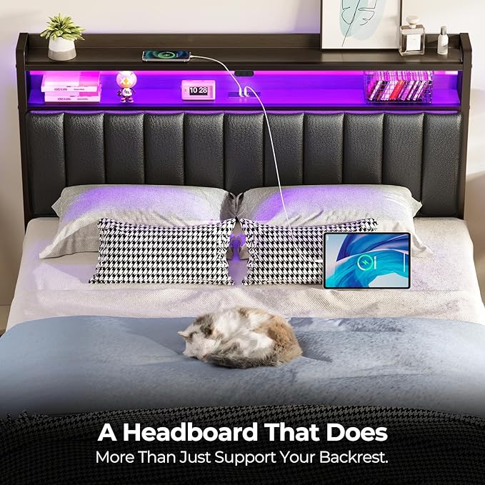 Rolanstar Headboard for Queen Size Bed with Storage, 60,000 DIY Color of LED Light, Head Board with USB, Type C Port, Height Adjustable, Black Upholstered Cabeceras de Cama Comfortable Modern, Leather