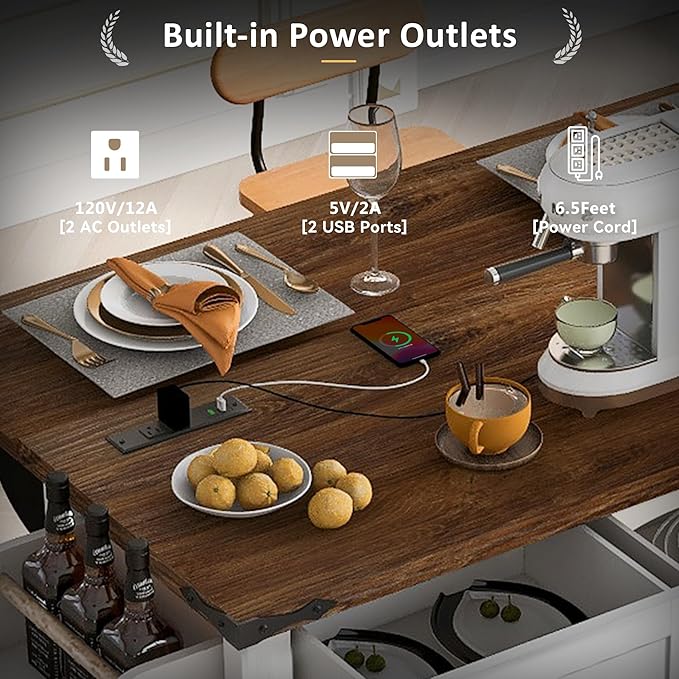 Merax 53.7" Kitchen Cart Island on Wheels with Power Outlet,Drop Leaf and 2 Sliding Barn Door,Farmhouse Style Storage Cabinet for Dining Room