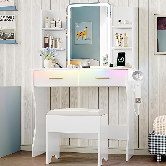 Vanity Desk with LED Lights Mirror & Power Outlet, Small Makeup Vanity Table Set with Storage Drawers & Chair, 3 Lighting Modes & Adjustable Brightness, Dressing Table for Women Girls Bedroom, White