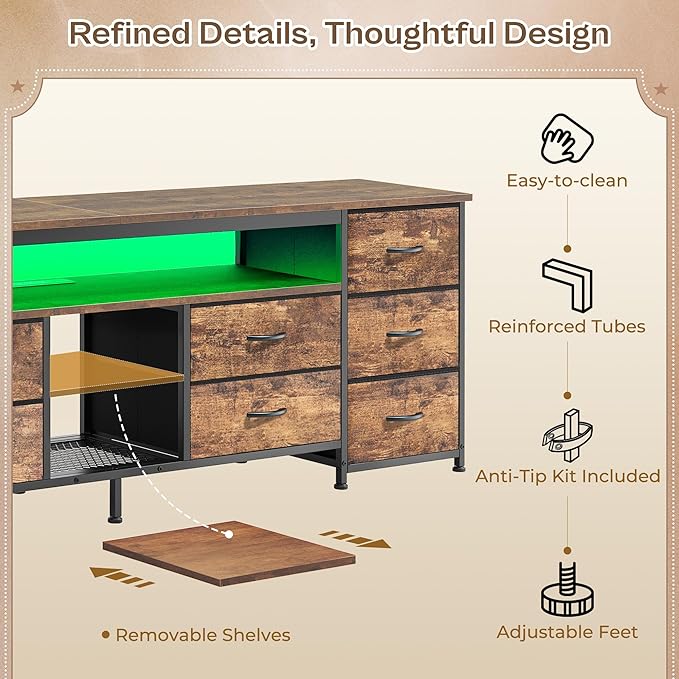 Huuger 70.9 Inch LED TV Stand Dresser with Power Outlets, USB-C Port and LED Lights, 10 Fabric Drawer Dresser for Bedroom, Long Entertainment Center for 75, 80 Inch TV, Open Shelves, Rustic Brown