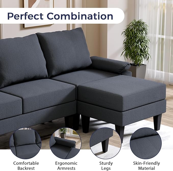 U Shaped Sectional Couch, Convertible Modular Sectional Sofa with Chaise & Ottomans, Modern 6 Seat U Shaped Couches for Living Room Apartment, Blue