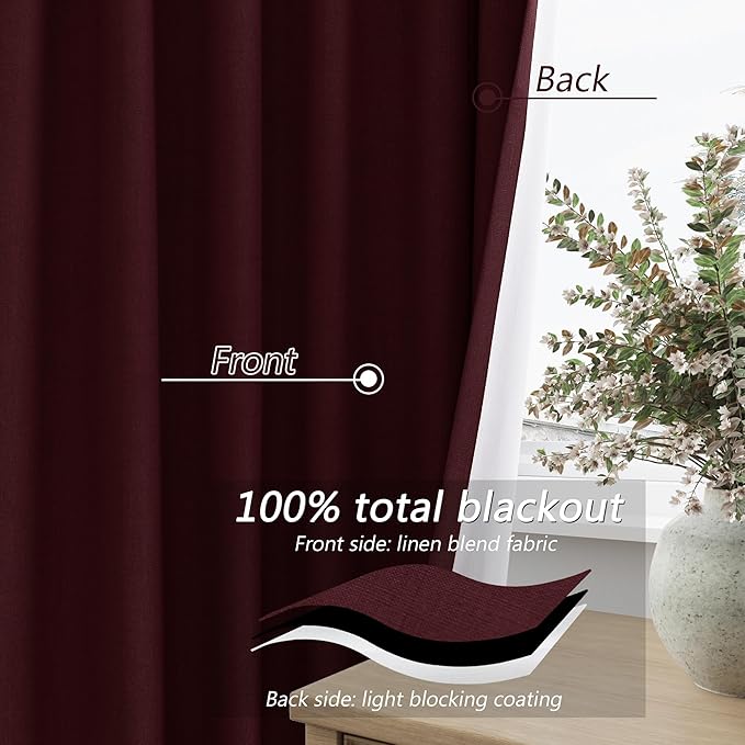 Guken Blackout Curtains 102 Inch Length 2 Panels Set for Living Room Bedroom Back Tab Thermal Insulated 100% Black Out Linen Drapes Room Darkening Window Curtains 102 Inches Long,Burgundy