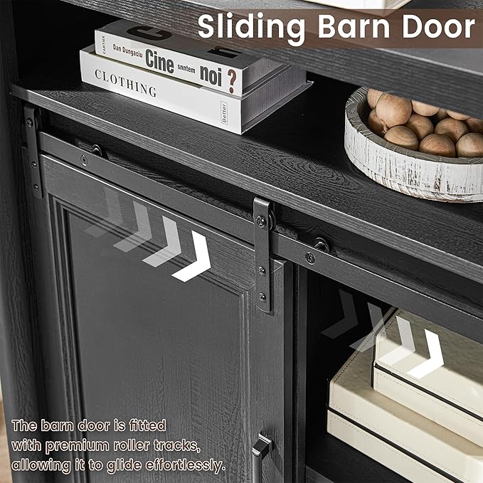 Farmhouse TV Stand for Living Room, Large Black Entertainment Center with Storage, TV Console for Bedroom, TV Stand with Sliding Barn Door Television Stands for 80 Inch TV, 38 Inch Tall Media Cabinet