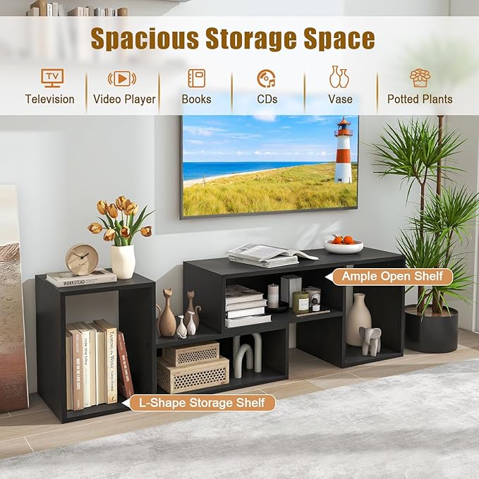 GOFLAME 2 Pieces TV Stand, Modern Entertainment Center for TVs up to 55 Inches, Free Combination Bookcase for Storage & Display, TV Console Table for Living Room, Bedroom, Black