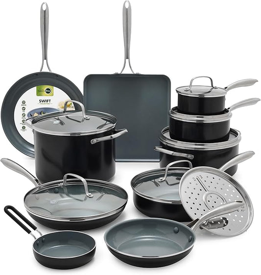 GreenPan 17 Piece Nonstick Swift Cookware Set, Ceramic PFAS-Free Pots & Pans with Lids, Dishwasher & Oven/Broiler Safe to 600F, Kitchen Cooking Set, Sauce, Saute, Stock, Griddle, Frying Pans, Gray