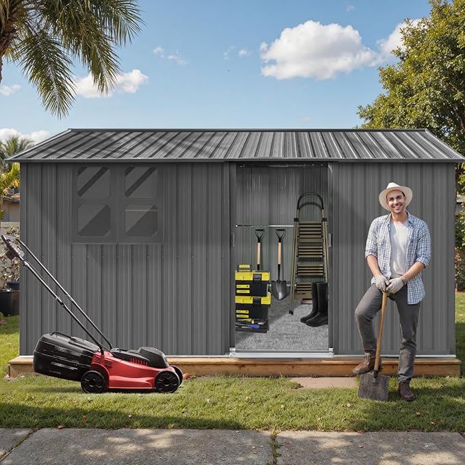 12x10 Ft Storage Shed Outdoor, XL Permanent Steel Building with Window, Sliding Doors and 4 Air Vents for Backyard Garden Patio Lawn - Grey