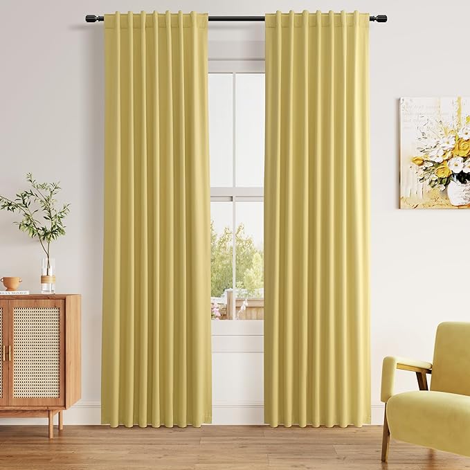 Guken Yellow Blackout Curtains 90 Inch Length 2 Panels Set for Living Room Bedroom Back Tab Thermal Insulated 100% Black Out Linen Drapes Room Darkening Window Curtains 90 Inches Long