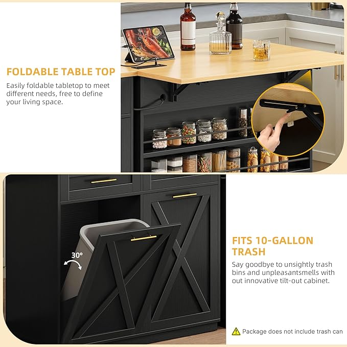 DWVO Kitchen Island with Drop Leaf, 40 Inch Double Tilt Out Trash Can Storage Cabinet with Power Outlet, Mobile Storage Islands on Wheels, Fit Two 10-Gal Garbage Bin, for Kitchen Dining Room, Black