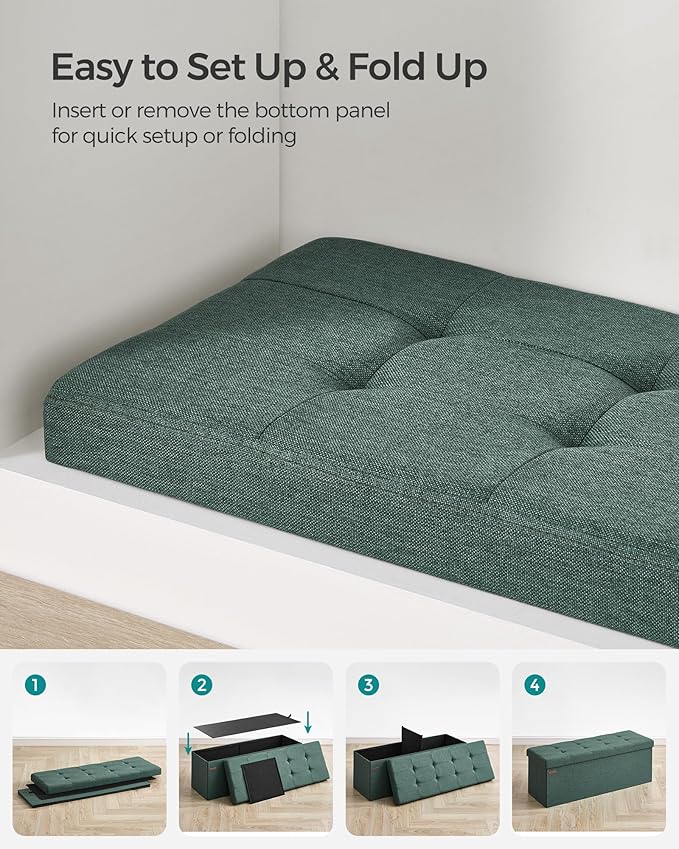 SONGMICS MAZIE Collection - 43 Inches Folding Storage Ottoman Bench, Ottoman Foot Rest, End of Bed Bench, Storage Chest, Load 660 lb, for Living Room, Bedroom, Entryway, Retro Green ULSF077C01