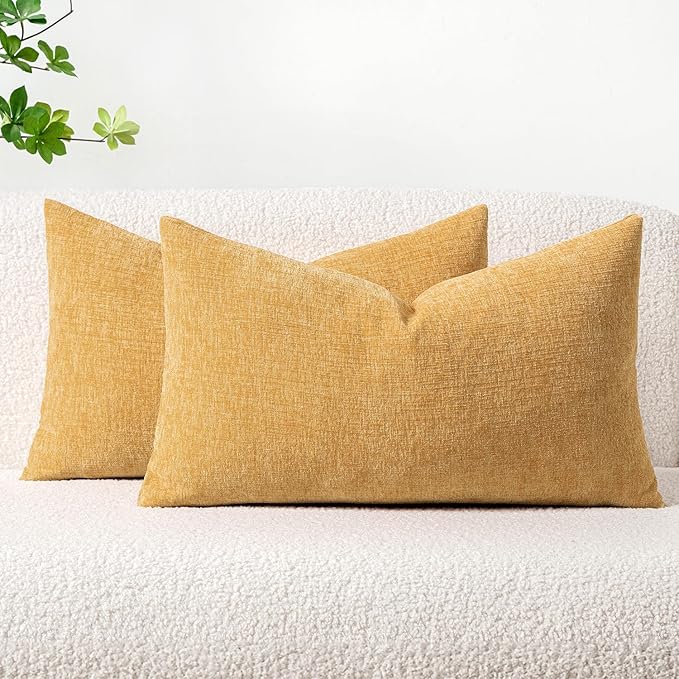 MIULEE Pack of 2 Couch Throw Pillow Covers 12x20 Inch Soft Beige Yellow Chenille Pillow Covers for Sofa Living Room Solid Dyed Pillow Cases