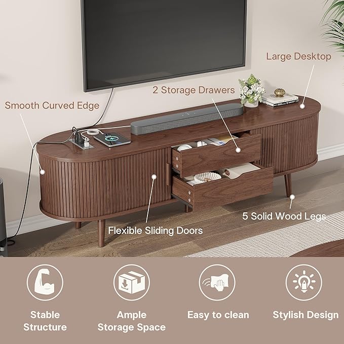 Alohappy 59" Mid Century Modern TV Stand with Charging Station, Curved Edge Fluted TV Media Console Table with Drawer and Shelf, Farmhouse Entertainment Center for Living Room, Bedroom, Walnut