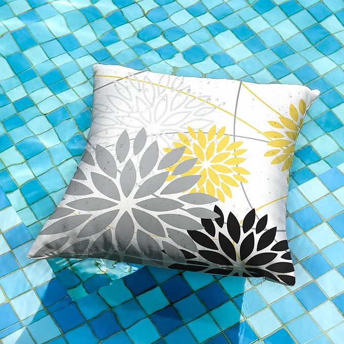 Grey and Yellow Black Floral Pillow Covers 18x18 Set of 2 Outdoor Waterproof Decorative Throw Pillows Summer Pillow Covers Polyester Cushion Case Decor for Couch Patio Funiture Garden Porch 011C18
