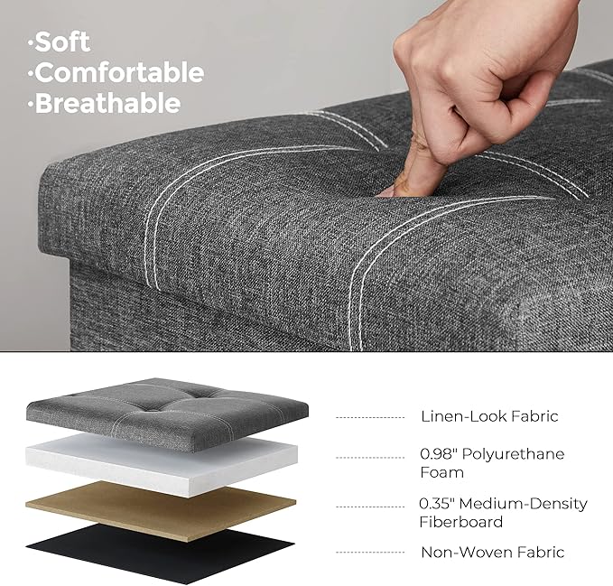 SONGMICS Mazie Collection - 30 Inches Ottoman Storage Bench, 21 Gal. Folding Chest with Breathable Linen-Look Fabric, Load up to 660 lb, for Entryway, Living Room, Bedroom, Dark Gray ULSF001G01