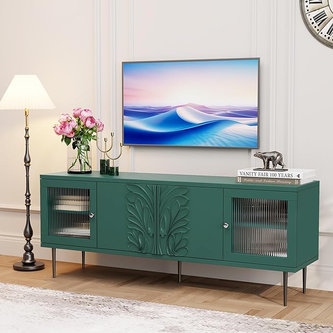 TV Stand for TVs up to 75 Inches, Mid Century Modern Entertainment Center with 3D Flower Pattern, Wood Media Console with 2 Fluted Glass Doors, Storage Cabinet for Living Room, Green