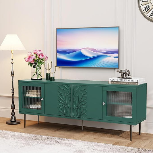 TV Stand for TVs up to 75 Inches, Mid Century Modern Entertainment Center with 3D Flower Pattern, Wood Media Console with 2 Fluted Glass Doors, Storage Cabinet for Living Room, Green